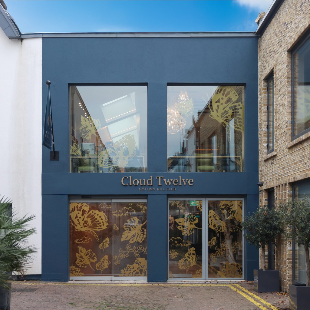 The blue frontage of Cloud Twelve on Colville Mews, Notting Hill