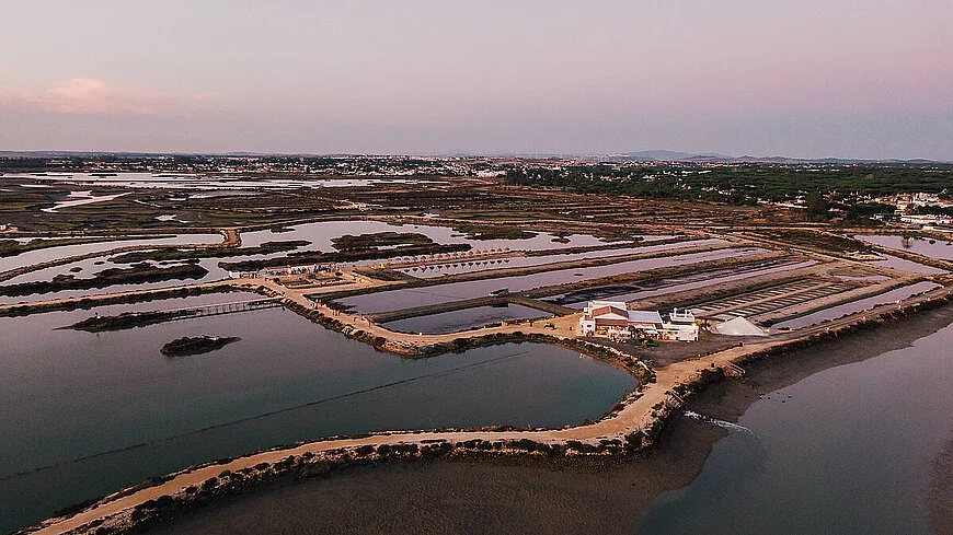 Salina Santa Teresa from the air at dusk — the salt pans, channels and marsh outside Chiclana de la Frontera