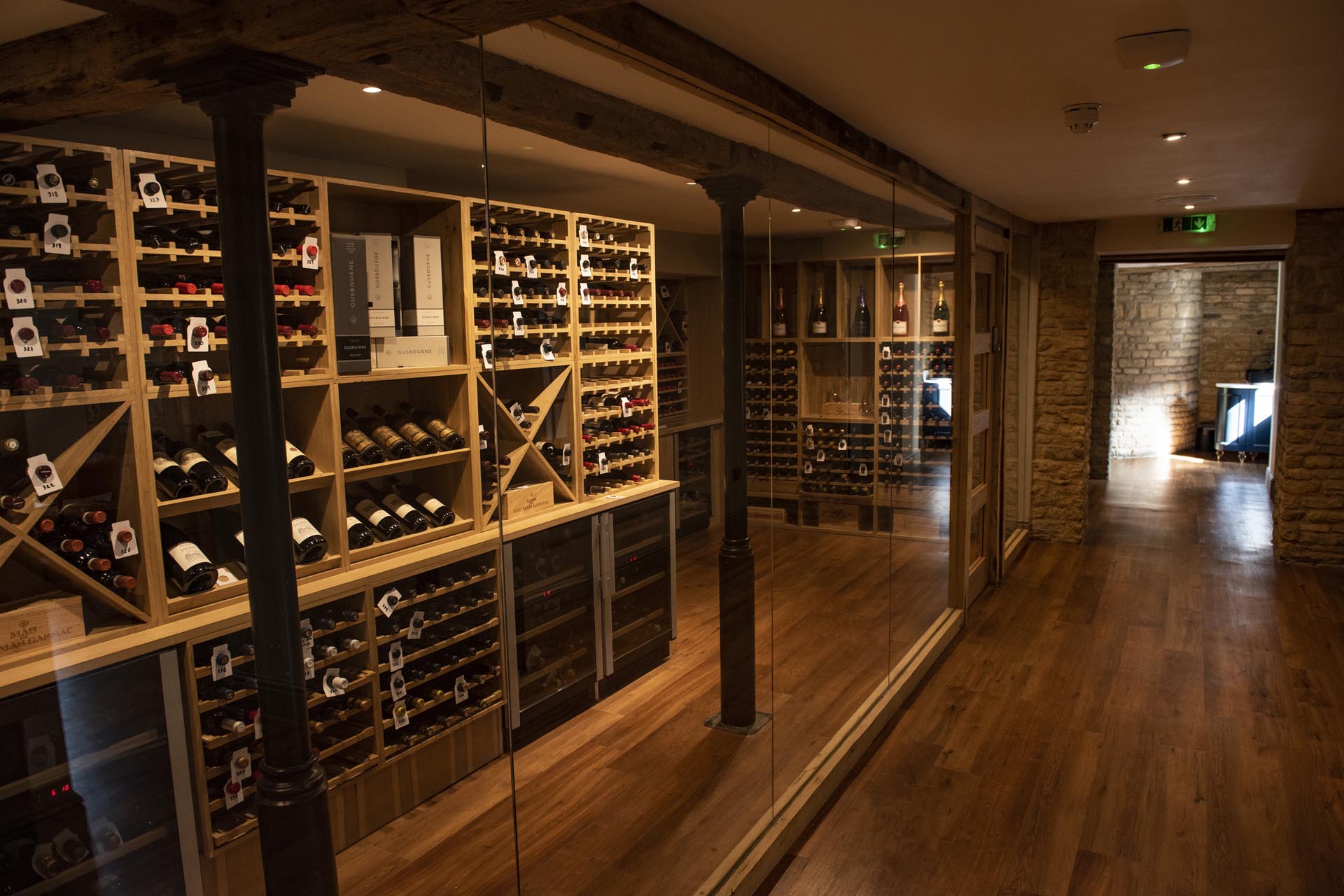 The timber-lined wine cellar at the Haycock Manor Hotel beside Prévost
