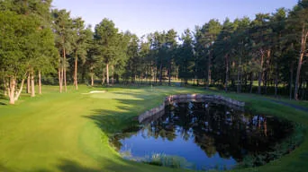A wooded hole on the Longcross course at Foxhills, the green set beyond a stone-edged pond in early morning light