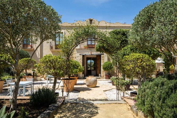 Casa La Siesta — the courtyard approach to the main house, framed by olive trees and an iron arch